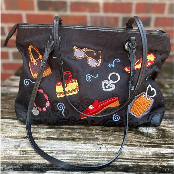 BRIGHTON Black Embroidered Shoulder Tote Handbag Purse Two Handle Zip Closure C4 - Picture 2 of 15
